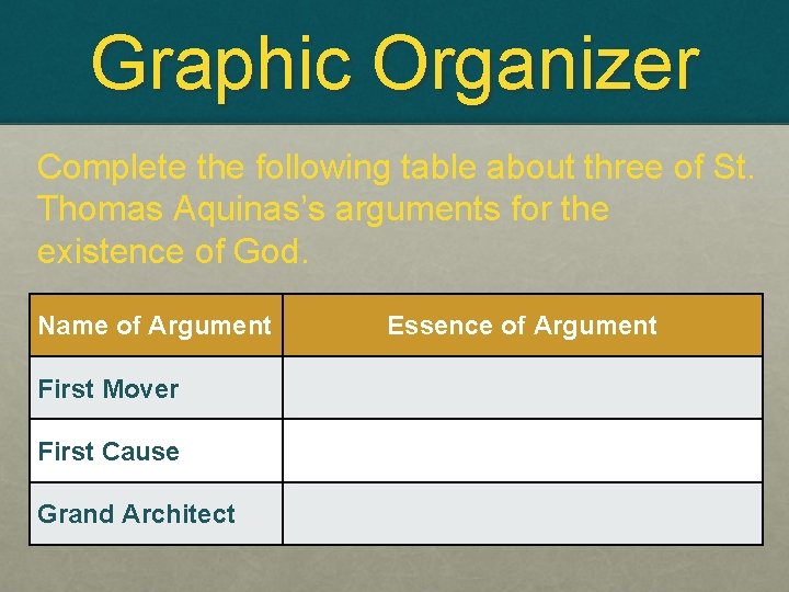 Graphic Organizer Complete the following table about three of St. Thomas Aquinas’s arguments for