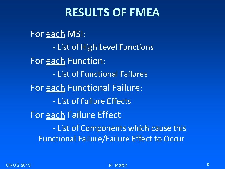 RESULTS OF FMEA For each MSI: - List of High Level Functions For each
