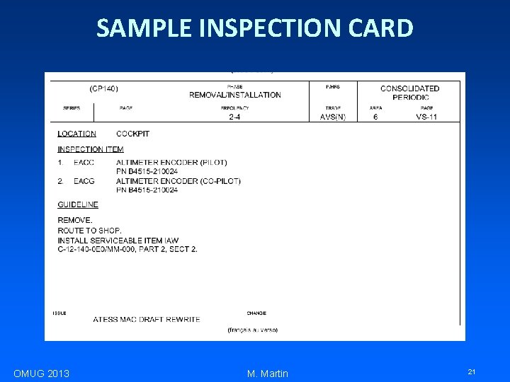 SAMPLE INSPECTION CARD OMUG 2013 M. Martin 21 