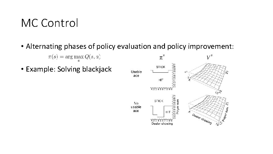 MC Control • Alternating phases of policy evaluation and policy improvement: • Example: Solving