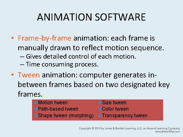 ANIMATION SOFTWARE • Frame-by-frame animation: each frame is manually drawn to reflect motion sequence.