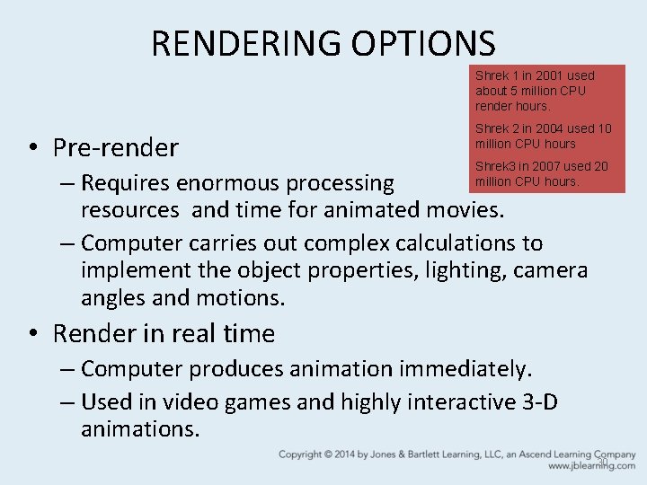 RENDERING OPTIONS Shrek 1 in 2001 used about 5 million CPU render hours. •