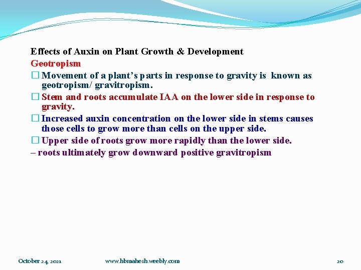 Effects of Auxin on Plant Growth & Development Geotropism � Movement of a plant’s
