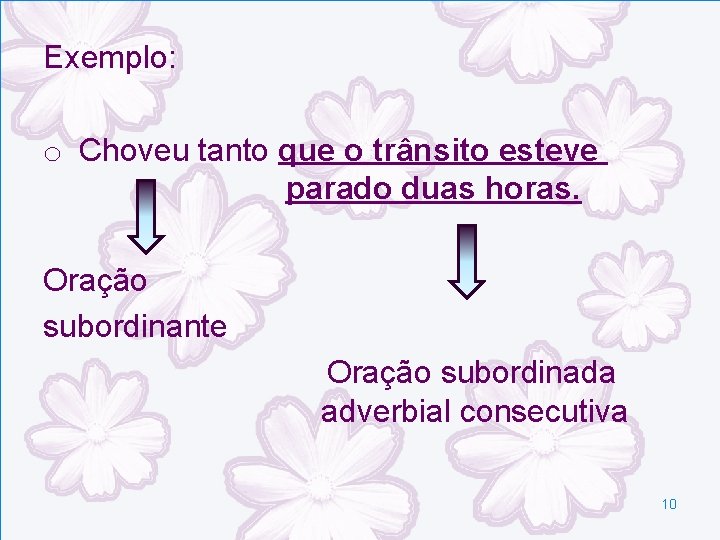 Exemplo: o Choveu tanto que o trânsito esteve parado duas horas. Oração subordinante Oração Exemplo: o Choveu tanto que o trânsito esteve parado duas horas. Oração subordinante Oração