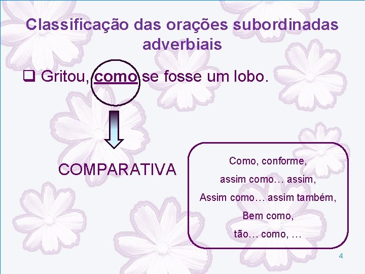 Classificação das orações subordinadas adverbiais q Gritou, como se fosse um lobo. COMPARATIVA Como, Classificação das orações subordinadas adverbiais q Gritou, como se fosse um lobo. COMPARATIVA Como,