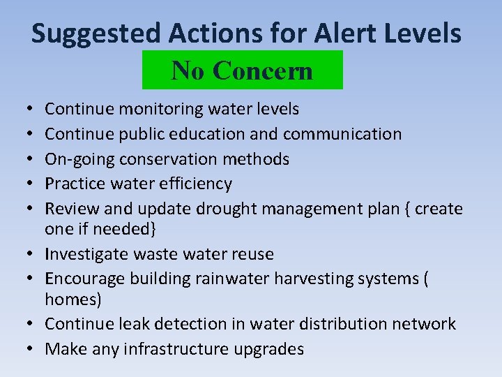 Suggested Actions for Alert Levels No Concern • • • Continue monitoring water levels