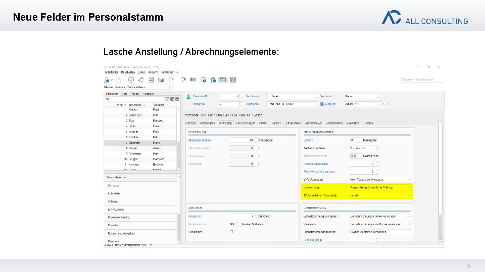 Neue Felder im Personalstamm Lasche Anstellung / Abrechnungselemente: 9 
