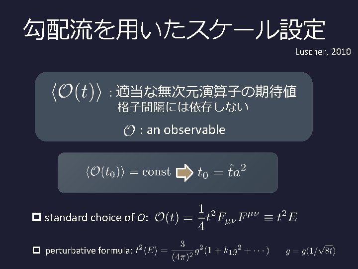 勾配流を用いたスケール設定 Luscher, 2010 : 適当な無次元演算子の期待値 格子間隔には依存しない : an observable p standard choice of O: