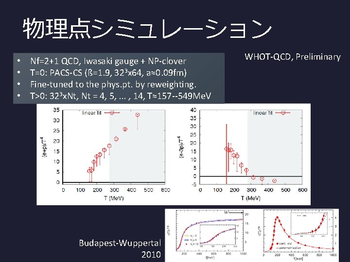 物理点シミュレーション • • Nf=2+1 QCD, Iwasaki gauge + NP-clover T=0: PACS-CS (ß=1. 9, 323