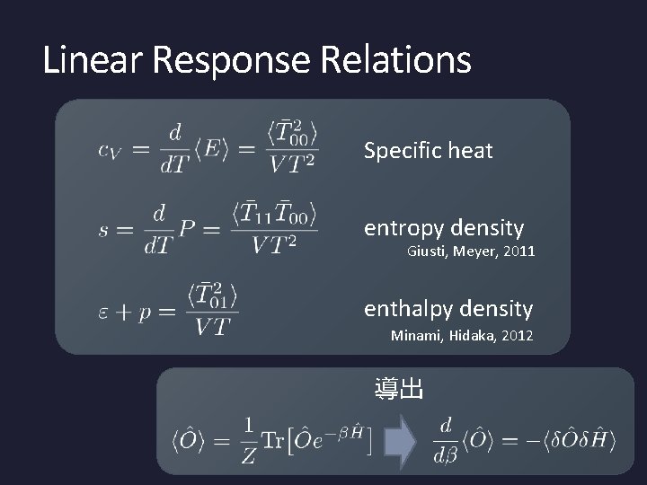 Linear Response Relations Specific heat entropy density Giusti, Meyer, 2011 enthalpy density Minami, Hidaka,