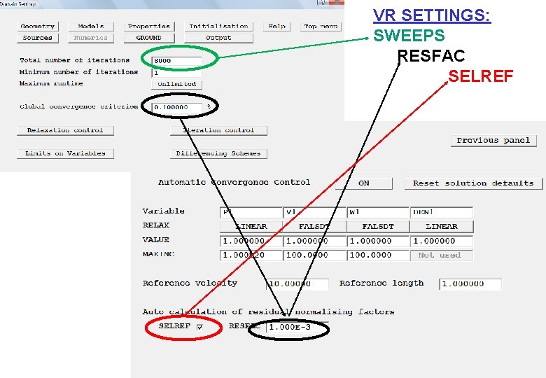 VR SETTINGS: SWEEPS RESFAC SELREF 