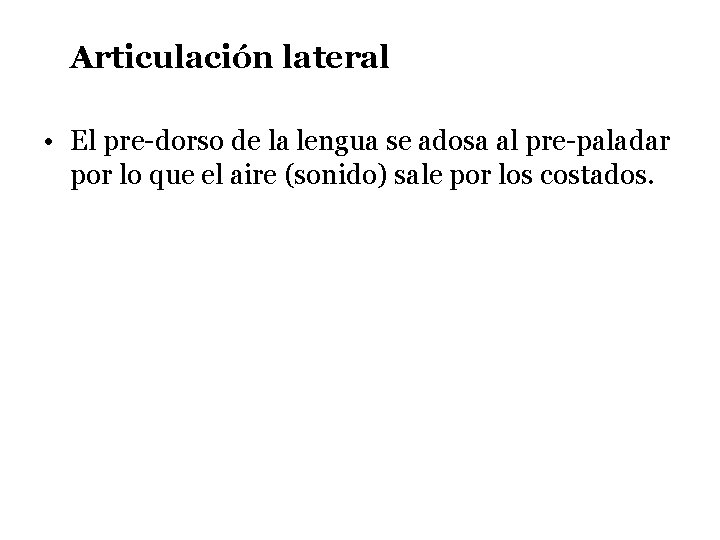 Articulación lateral • El pre-dorso de la lengua se adosa al pre-paladar por lo