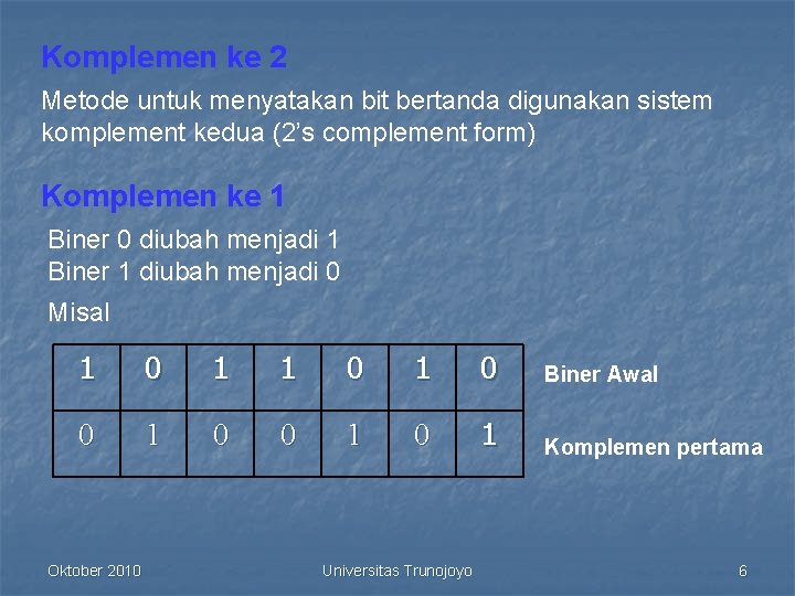 Komplemen ke 2 Metode untuk menyatakan bit bertanda digunakan sistem komplement kedua (2’s complement