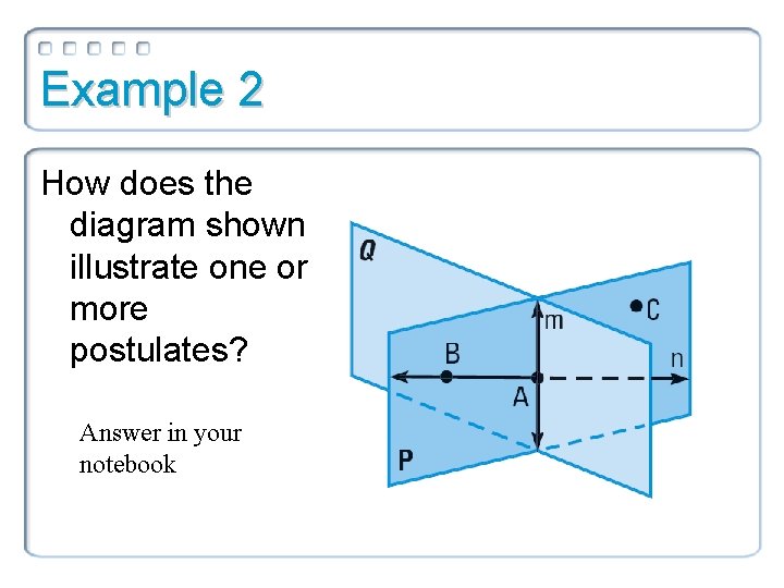 Example 2 How does the diagram shown illustrate one or more postulates? Answer in Example 2 How does the diagram shown illustrate one or more postulates? Answer in