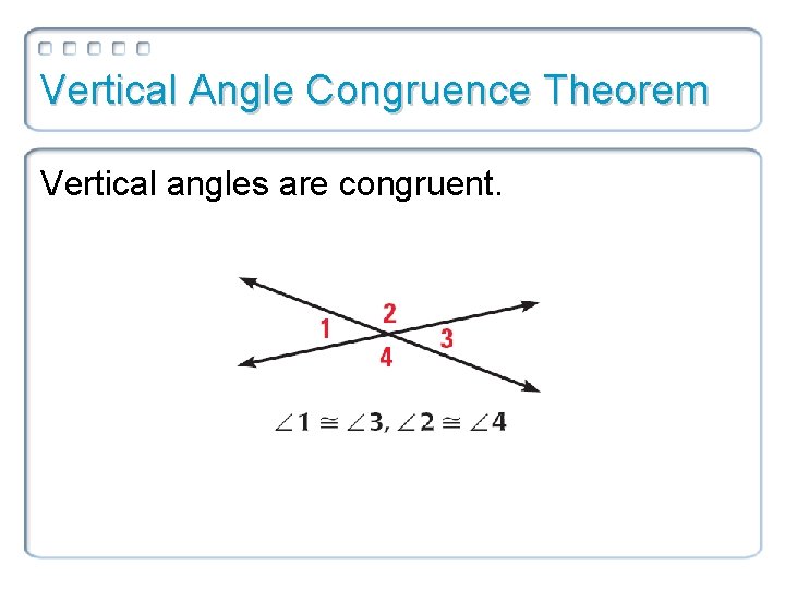 Vertical Angle Congruence Theorem Vertical angles are congruent. Vertical Angle Congruence Theorem Vertical angles are congruent.