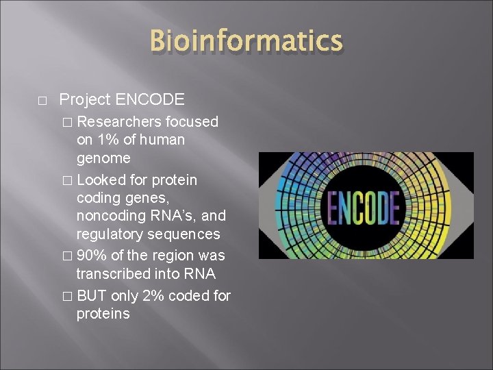 Bioinformatics � Project ENCODE � Researchers focused on 1% of human genome � Looked