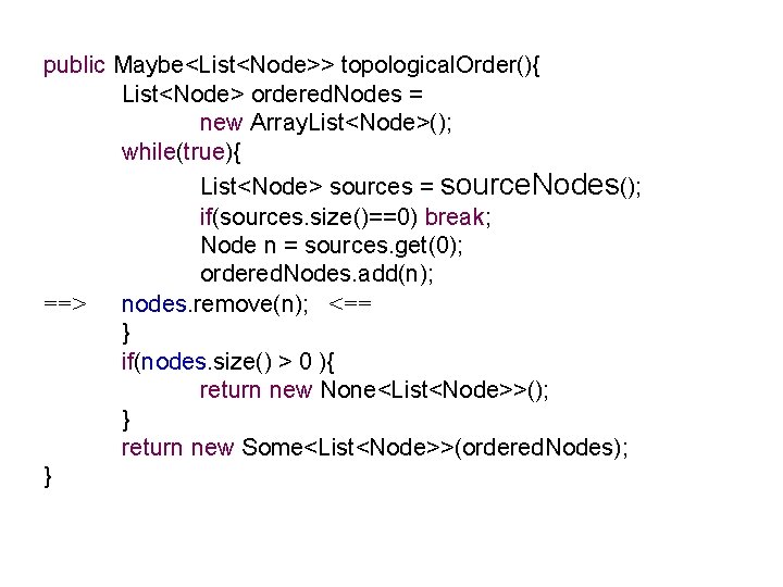 public Maybe<List<Node>> topological. Order(){ List<Node> ordered. Nodes = new Array. List<Node>(); while(true){ List<Node> sources
