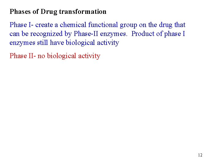 Phases of Drug transformation Phase I- create a chemical functional group on the drug