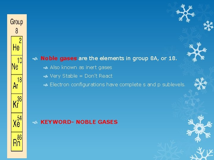  Noble gases are the elements in group 8 A, or 18. Also known