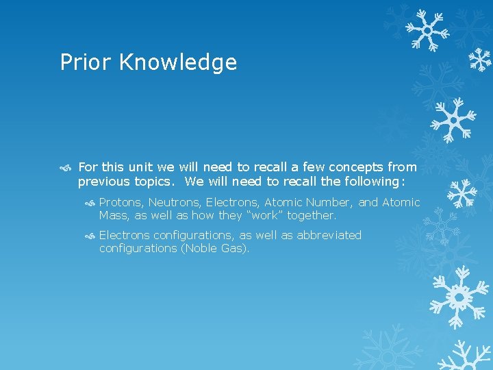 Prior Knowledge For this unit we will need to recall a few concepts from