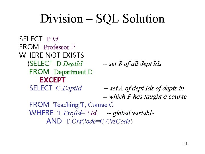 Division – SQL Solution SELECT P. Id FROM Professor P WHERE NOT EXISTS (SELECT