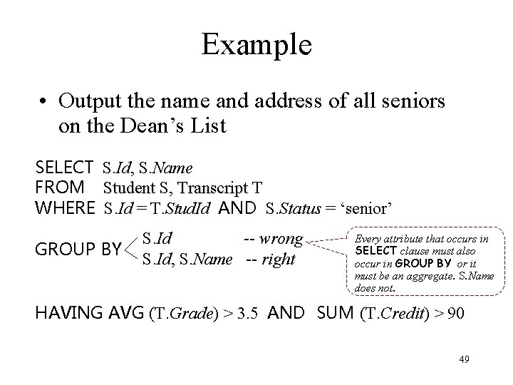 Example • Output the name and address of all seniors on the Dean’s List