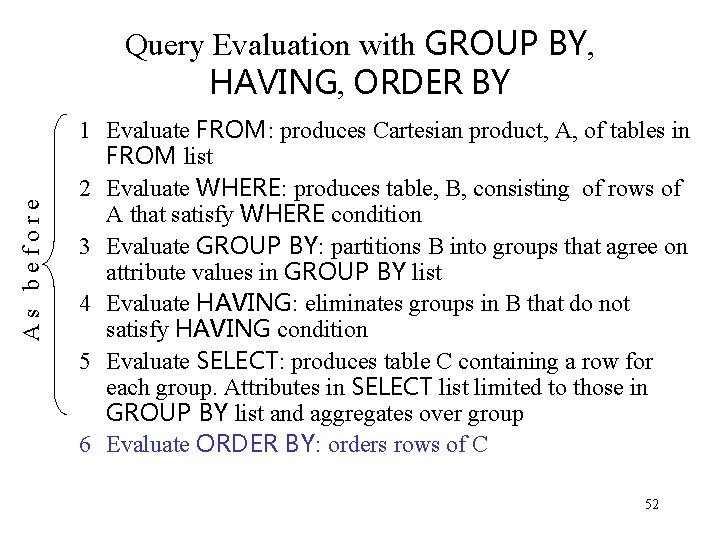 As before Query Evaluation with GROUP BY, HAVING, ORDER BY 1 Evaluate FROM: produces