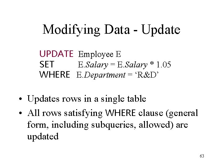 Modifying Data - Update UPDATE SET WHERE Employee E E. Salary = E. Salary