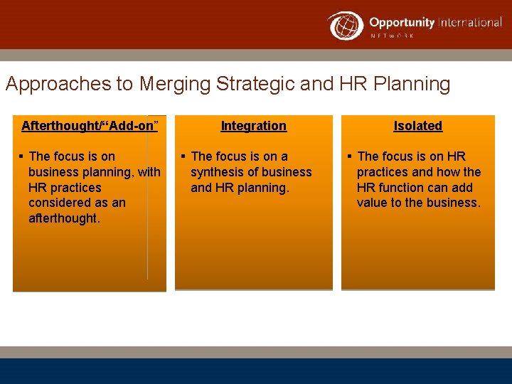 Approaches to Merging Strategic and HR Planning Afterthought/“Add-on” § The focus is on business