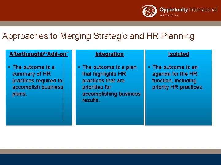 Approaches to Merging Strategic and HR Planning Afterthought/“Add-on” § The outcome is a summary