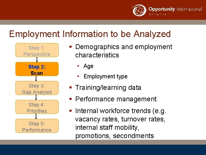 Employment Information to be Analyzed Step 1: Perspective Step 2: Scan Step 3: Gap