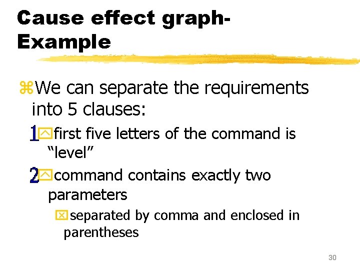 Cause effect graph. Example z. We can separate the requirements into 5 clauses: yfirst