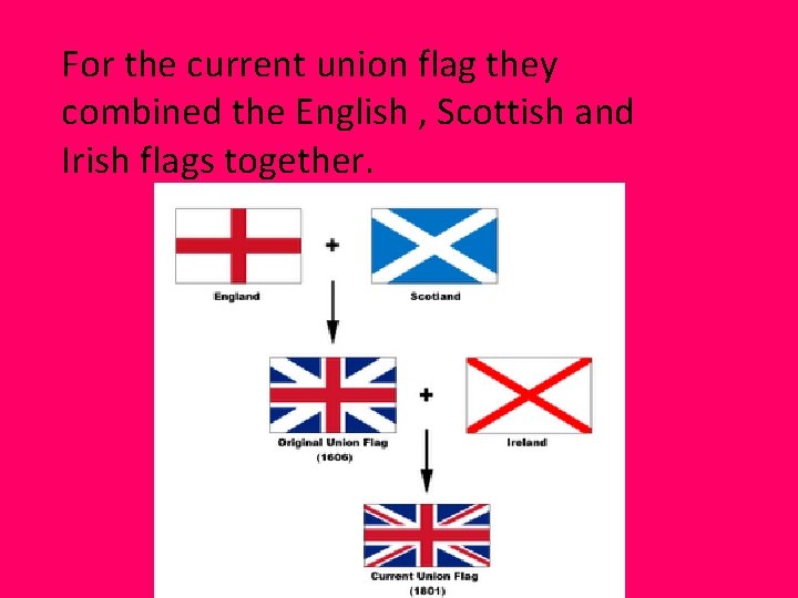 For the current union flag they combined the English , Scottish and Irish flags