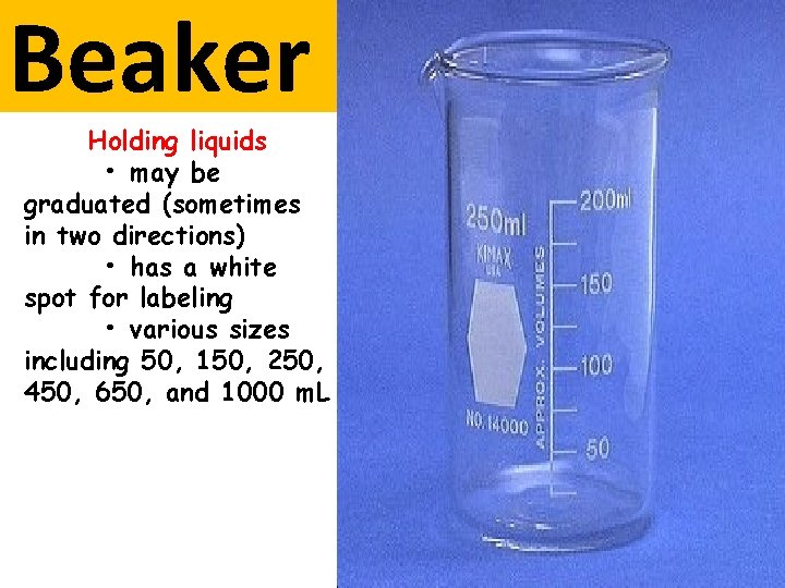 Beaker Holding liquids • may be graduated (sometimes in two directions) • has a