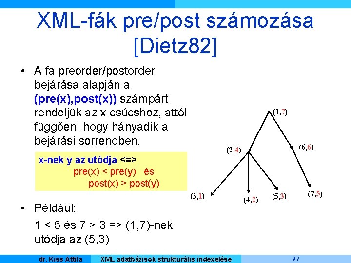 XML-fák pre/post számozása [Dietz 82] • A fa preorder/postorder bejárása alapján a (pre(x), post(x))