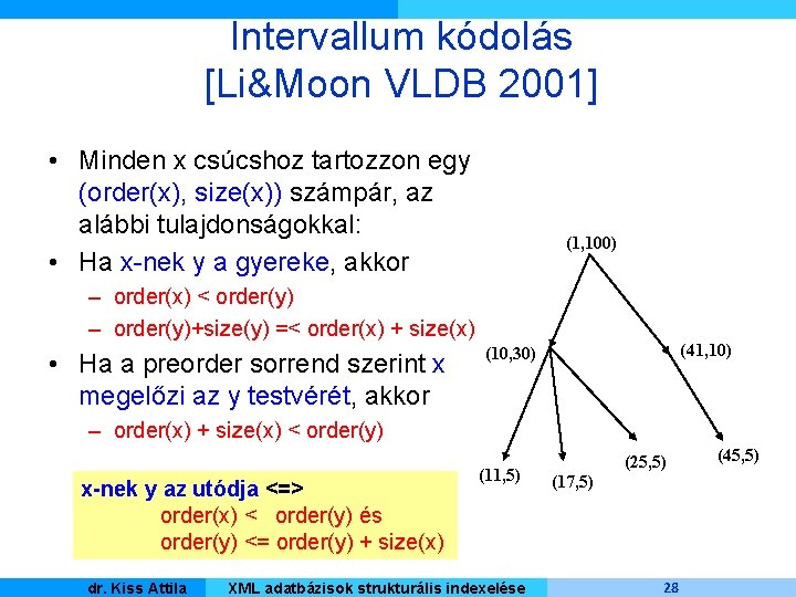 Intervallum kódolás [Li&Moon VLDB 2001] • Minden x csúcshoz tartozzon egy (order(x), size(x)) számpár,