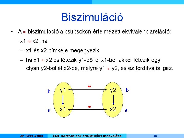 Biszimuláció • A biszimuláció a csúcsokon értelmezett ekvivalenciareláció: x 1 x 2, ha –