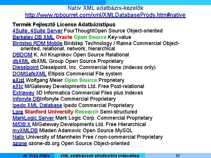 Natív XML adatbázis-kezelők http: //www. rpbourret. com/xml/XMLDatabase. Prods. htm#native Termék Fejlesztő License Adatbázistípus 4