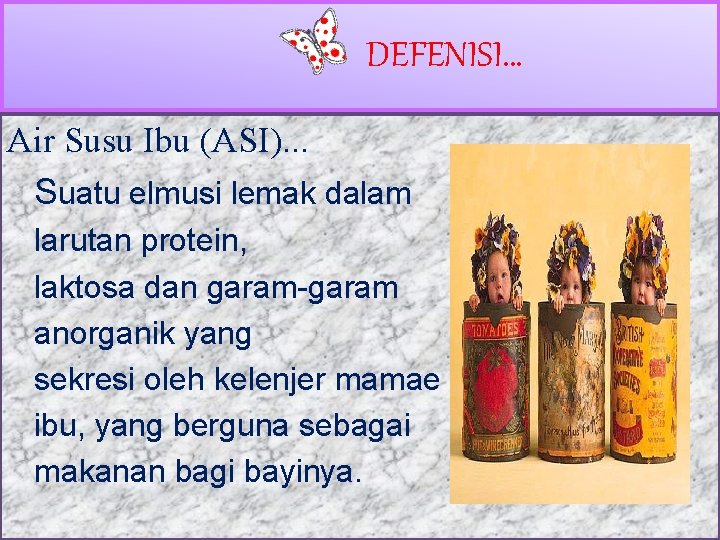 DEFENISI… Air Susu Ibu (ASI). . . Suatu elmusi lemak dalam larutan protein, laktosa