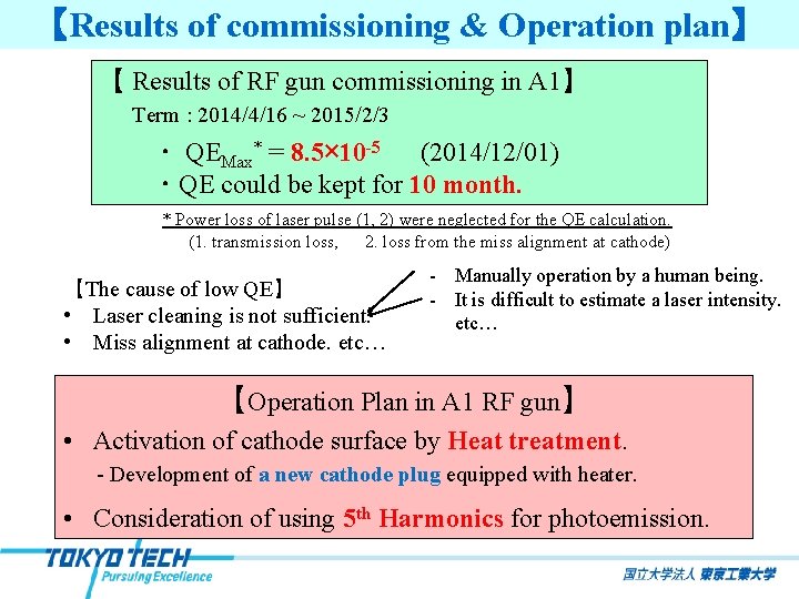 【Results of commissioning & Operation plan】 【 Results of RF gun commissioning in A