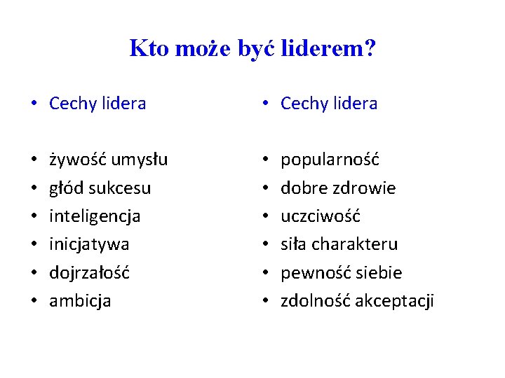 Kto może być liderem? • Cechy lidera • • • żywość umysłu głód sukcesu