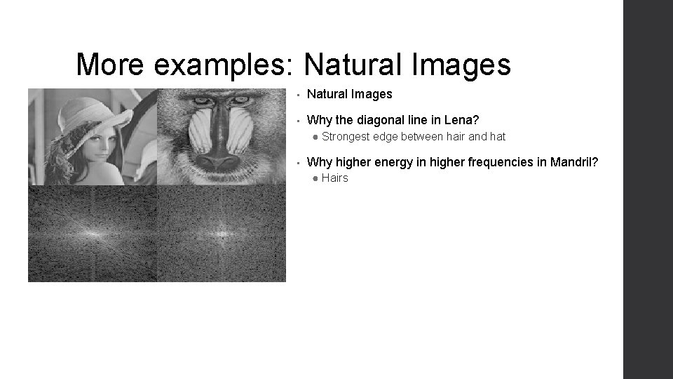 More examples: Natural Images • Natural Images • Why the diagonal line in Lena?