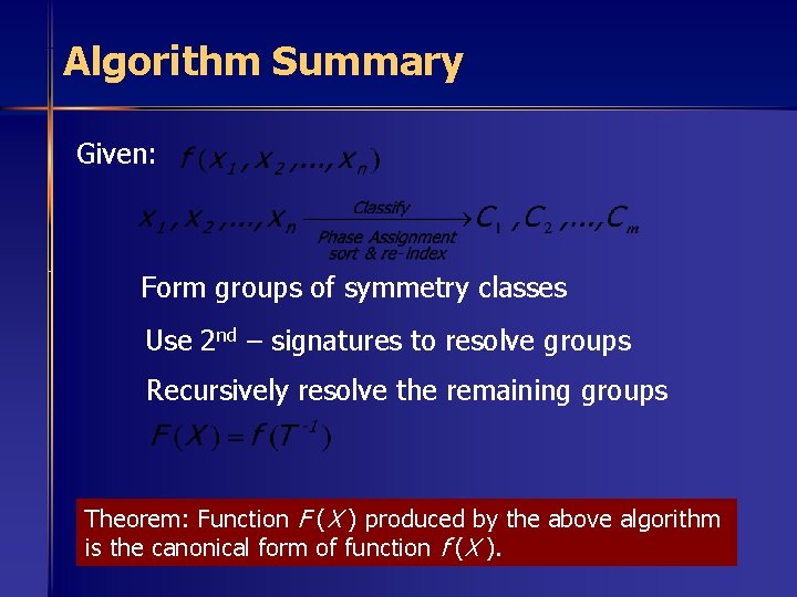 Algorithm Summary Given: Form groups of symmetry classes Use 2 nd – signatures to