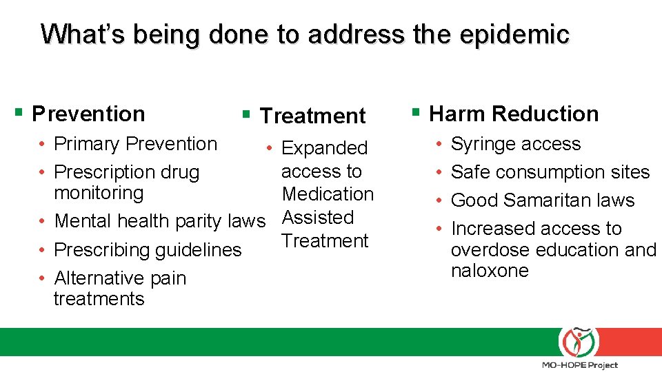 What’s being done to address the epidemic § Prevention § Treatment • Primary Prevention