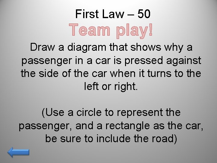 First Law – 50 Team play! Draw a diagram that shows why a passenger