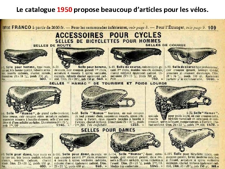 Le catalogue 1950 propose beaucoup d’articles pour les vélos. 