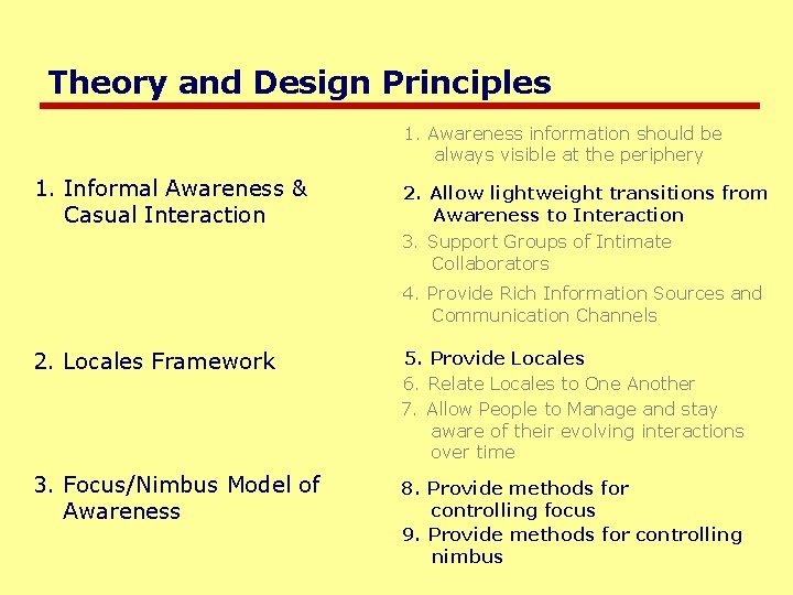 Theory and Design Principles 1. Awareness information should be always visible at the periphery