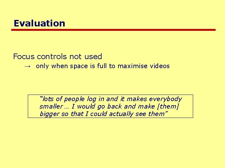 Evaluation Focus controls not used → only when space is full to maximise videos