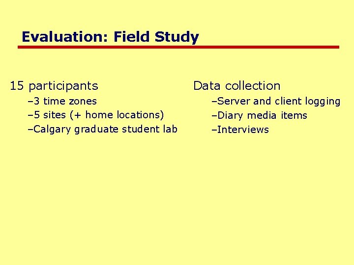 Evaluation: Field Study 15 participants – 3 time zones – 5 sites (+ home