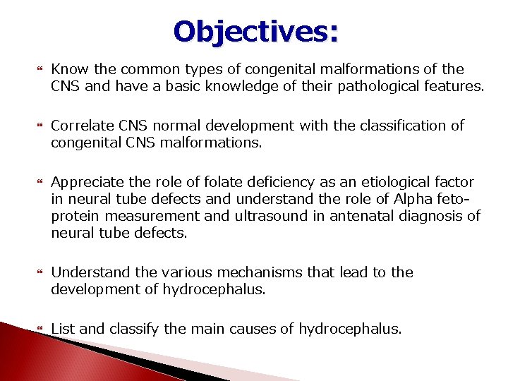 Objectives: Know the common types of congenital malformations of the CNS and have a